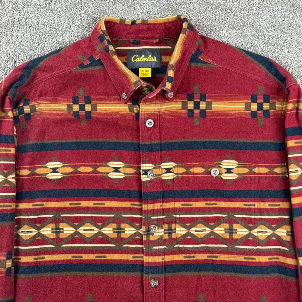 Cabela's Flannel Shirt Men XL Red Southwestern Geometric Outdoor Cabin